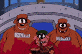 three cartoon characters with numbers on their shirts including 761676