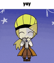 a cartoon of a girl with a yellow hat and the word yay below her