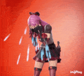 a girl with purple hair is standing in front of a red background with the words imgplay below her