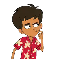 a cartoon boy with a red shirt with yellow flowers on it