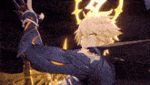 a cartoon character with yellow hair and a sword