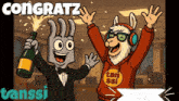 a congratulations card with two cartoon characters holding a bottle of champagne