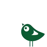 a drawing of a green bird with two hearts behind it