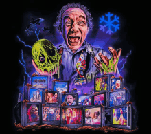 a painting of a man holding a skull surrounded by televisions with a snowflake in the background