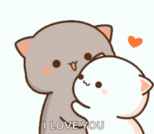 a cartoon cat is kissing a white cat on the cheek .