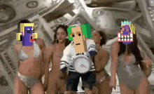 a group of women in bikinis dancing in front of a pile of money
