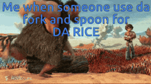 a poster for the movie croods shows a caveman holding a spoon and fork
