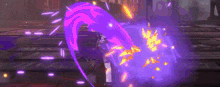 a person is standing in a dark room with a purple and orange flame coming out of their mouth .
