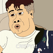 a cartoon of a man with the word crispy written below him