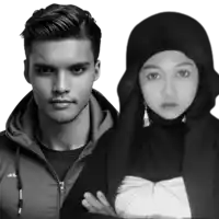 a black and white photo of a man and a woman with their arms crossed
