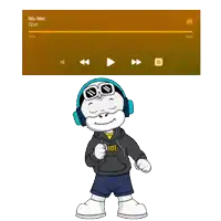 a cartoon character wearing headphones and sunglasses is dancing next to a screen that says wu wei zhong