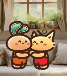 a cat and a rabbit are hugging on a couch