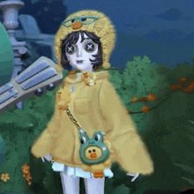 a cartoon girl wearing a yellow hoodie and a yellow hat with a duck on it .