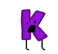 a cartoon drawing of a purple letter k with legs