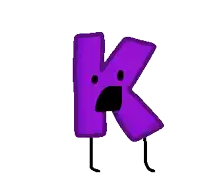 a cartoon drawing of a purple letter k with legs