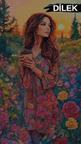 a painting of a woman in a floral dress holding a cup of coffee with the name dilek above her