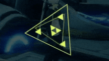 a person is holding a yellow triangle with three triangles in it