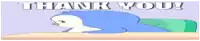 a penguin is holding a megaphone with the words thank you in the background