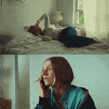 a woman laying on a bed and a woman talking on a phone