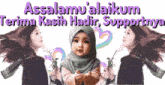 a baby in a hijab is surrounded by a woman and the words assalamu ' alaikum