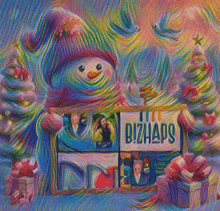a colorful painting of a snowman with a sign that says bizhaps