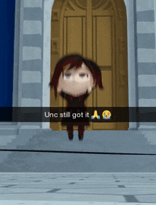 a cartoon of a girl standing in front of a door with the words " unc still got it " below her