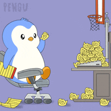 a cartoon of a penguin sitting in an office chair with the word pengu on the bottom right