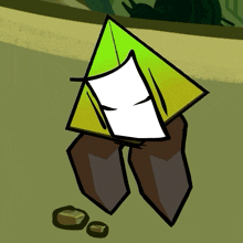 a cartoon drawing of a yellow triangle with a white face and legs
