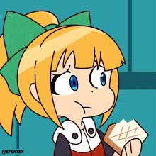 a cartoon girl with a green bow on her head is holding a piece of bread with hash marks on it