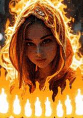 a painting of a woman in a hood with flames behind her