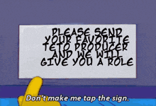 a cartoon character is pointing at a sign that says please send your favorite to producer and we will give you a role