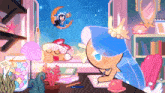 a cartoon drawing of a girl sitting at a desk with a sign that says make a wish on it