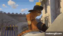 a cartoon cat wearing a hat and boots is riding a horse .