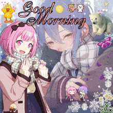 a picture of a girl with pink hair and the words good morning on it