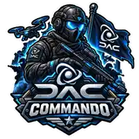 a logo for pac commando with a soldier holding a gun