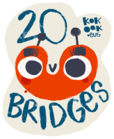 a sticker that says 20 bridges with an orange face on it