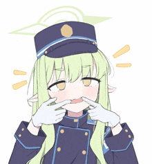a drawing of a girl with green hair and a blue hat