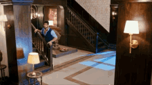 a man standing on a set of stairs with a lamp