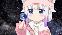 a girl with blue eyes is holding a lollipop in her hand