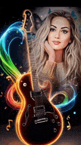 a painting of a woman holding a guitar in front of a colorful background
