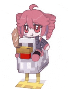 a little girl is riding a chicken in a minecraft game .