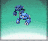 a pixel art of a blue robot with sharp claws on a green background