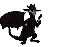 a cartoon dragon wearing a cowboy hat holds a gun