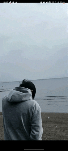 a man in a grey hoodie is standing on the beach