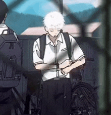 a boy with white hair is standing next to a bicycle and a backpack .