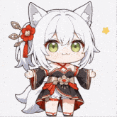 a little girl with white hair and green eyes is wearing a black and red dress