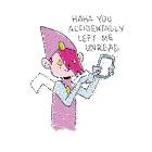 a cartoon character is holding a cell phone and says " haha you accidentally left me unread " .