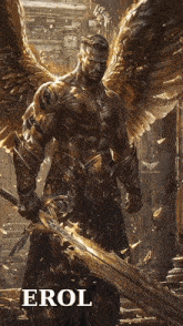 a man with gold wings is holding a sword and the name erol is on the bottom right