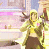 a woman in a hoodie is holding a microphone in a video game while standing on a street .