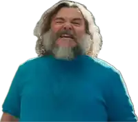 a man with long hair and a beard is wearing a blue shirt and making a funny face
